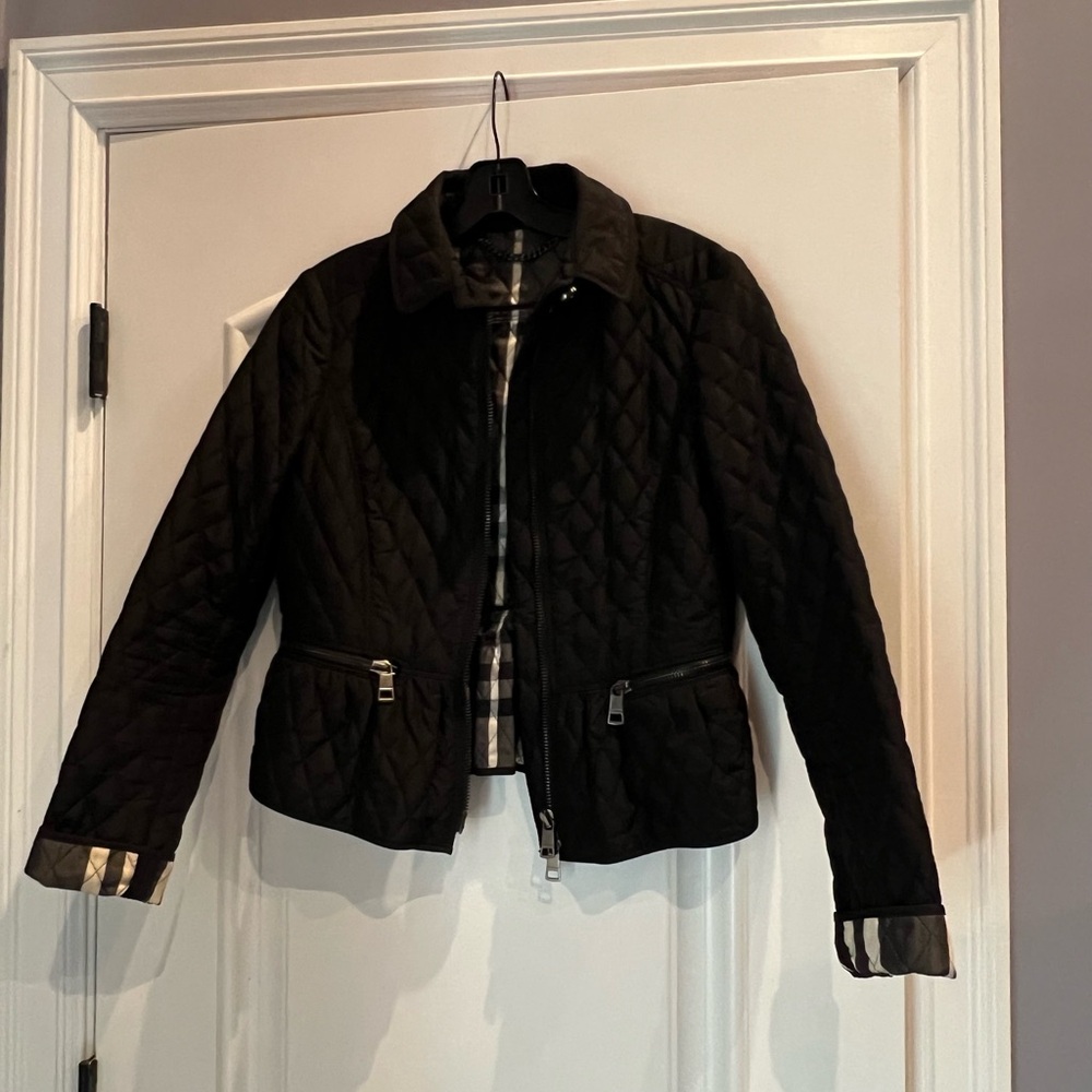 Black Quilted Women's Burberry Jacket with Plaid Interior